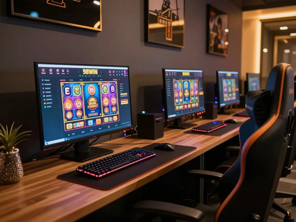 A player engaging in online gaming at the 98WIN casino on a stylish desktop setup, showcasing vibrant game screens.