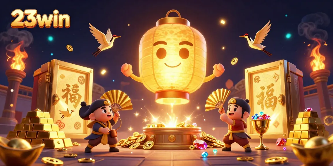 Play exciting games at 23win with a captivating casino scene filled with treasures and lucky symbols.