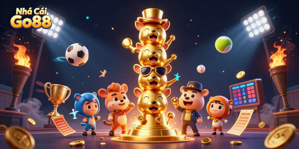 Engage with Nhà Cái Go88 at a vibrant casino scene featuring animated totem poles and dynamic sports action.