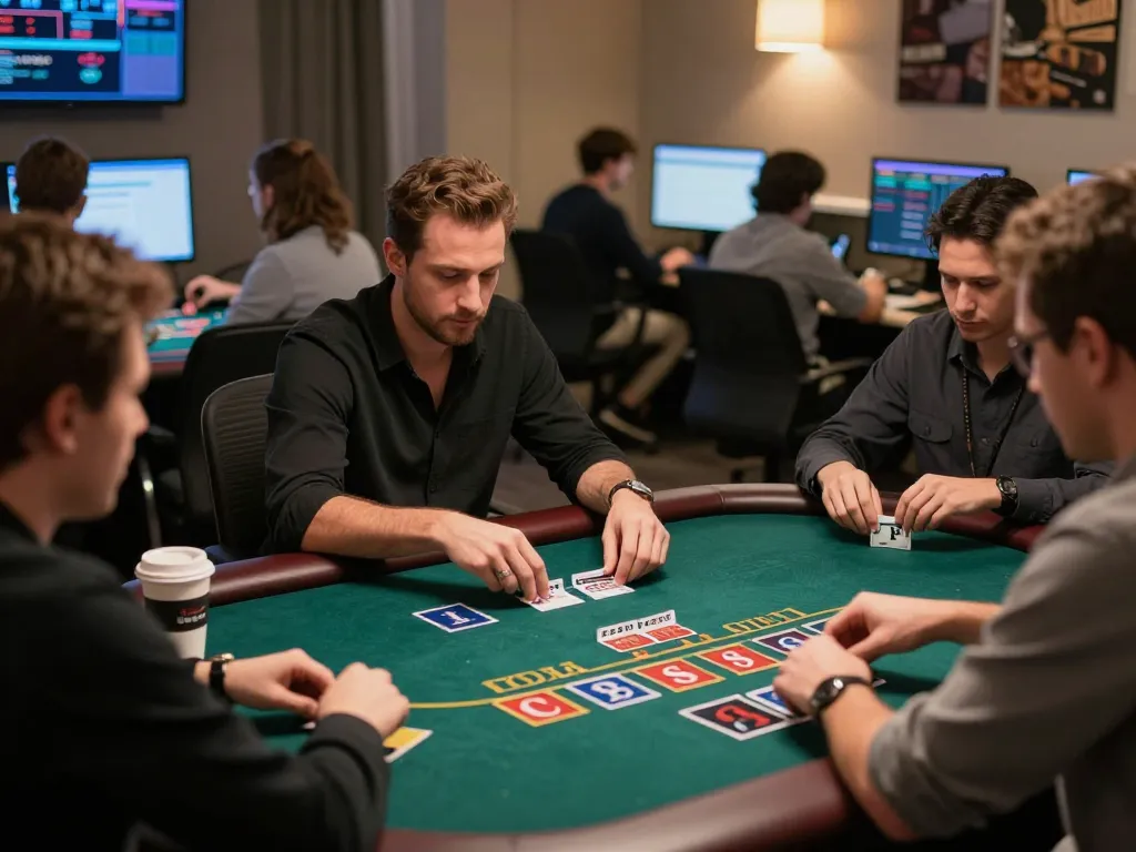 Engage in a winning strategy at 23win online blackjack, showcasing active gameplay with focused players.