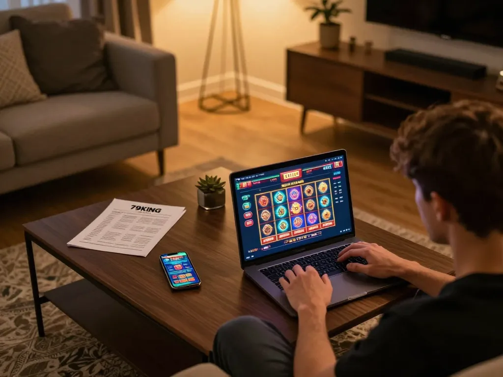 Engaging online gaming scene with 79KING COM displayed on laptop, showcasing home gambling entertainment.