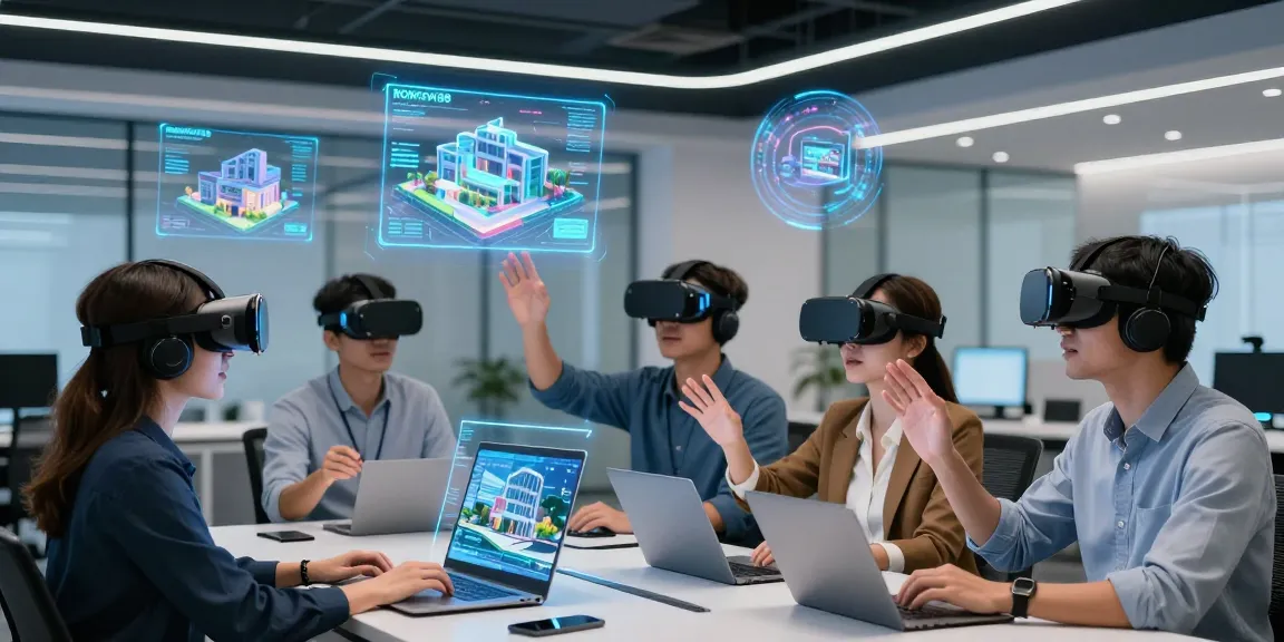 Engaged professionals exploring digital real estate opportunities with ROKOK88 in a modern VR setup.