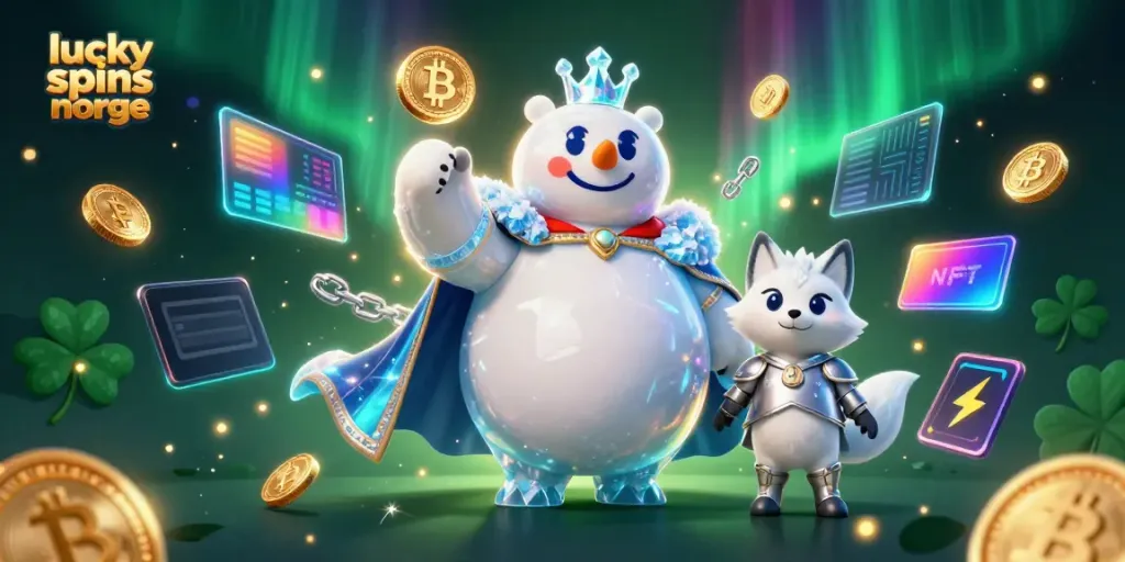 Experience lucky spins norge with vibrant 3D illustration featuring a polar bear and snow fox amidst crypto elements.