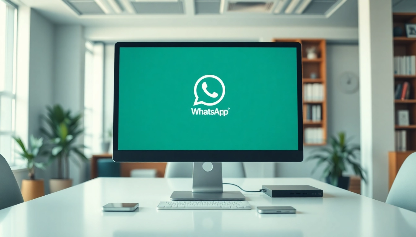 WhatsApp网页版 shown in a modern office setup, demonstrating seamless messaging on a large screen.