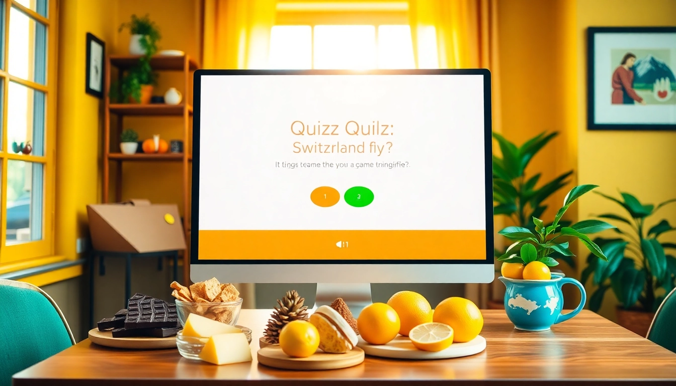 Interaktive Schweiz-Quiz-Oberfläche in einem gemütlichen Café mit Schweizer Snacks.