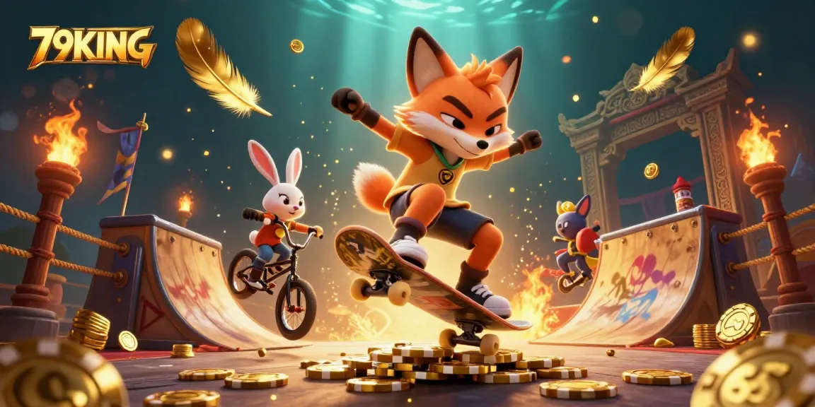 79KING skateboarder fox and BMX rabbit showcase casino tricks amidst vibrant graphics