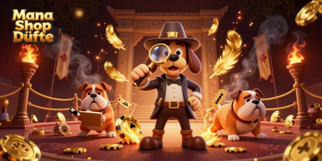 Erlebe die faszinierende Welt der Mana Shop Düfte mit einem Cartoon-Detektiv, der einen Pokerchip untersucht.
