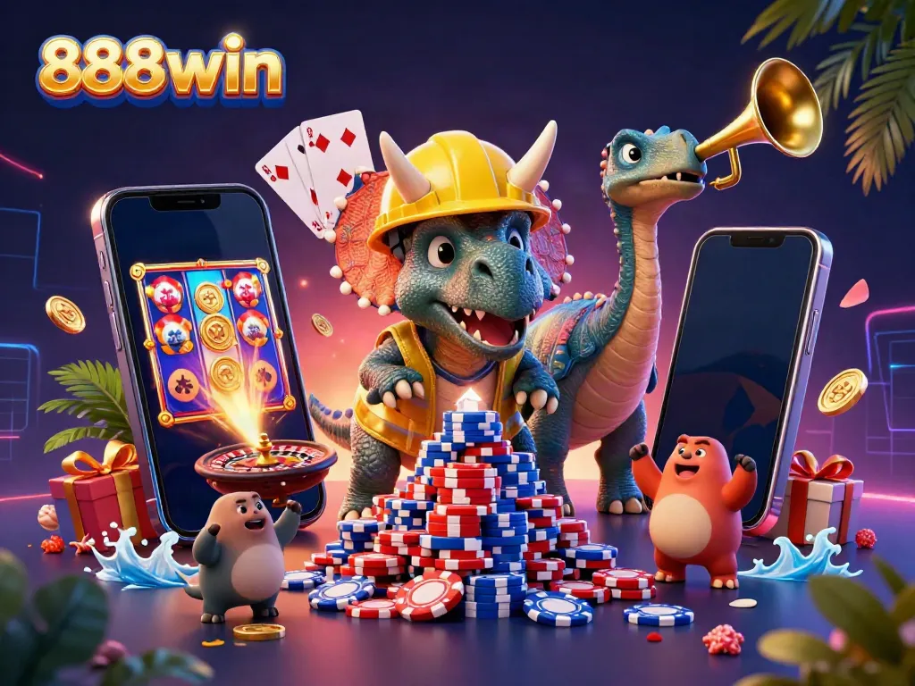 Experience thrilling casino action with 888win's vibrant scene featuring characters and game elements.