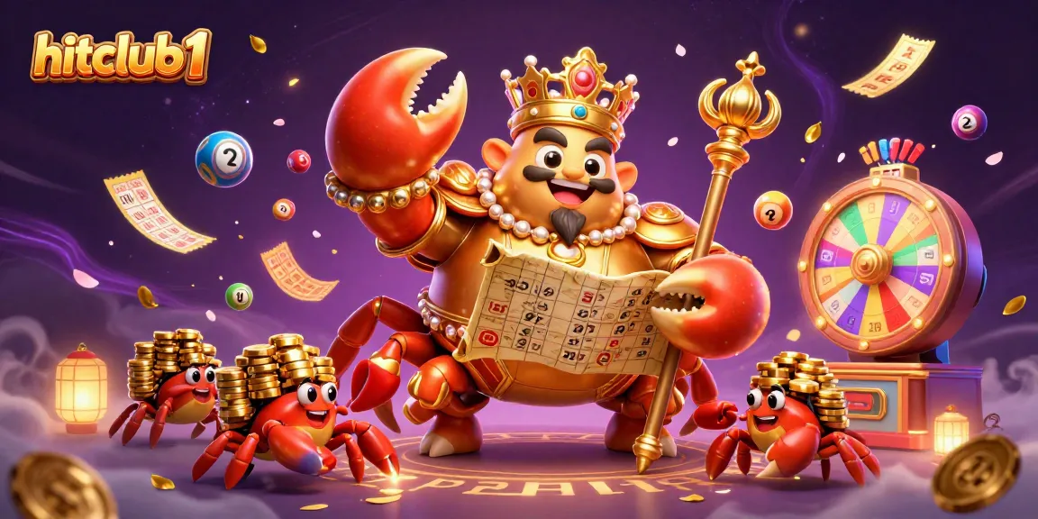 Engage with hitclub1's thrilling casino experience featuring dynamic lottery elements and a regal crab character.