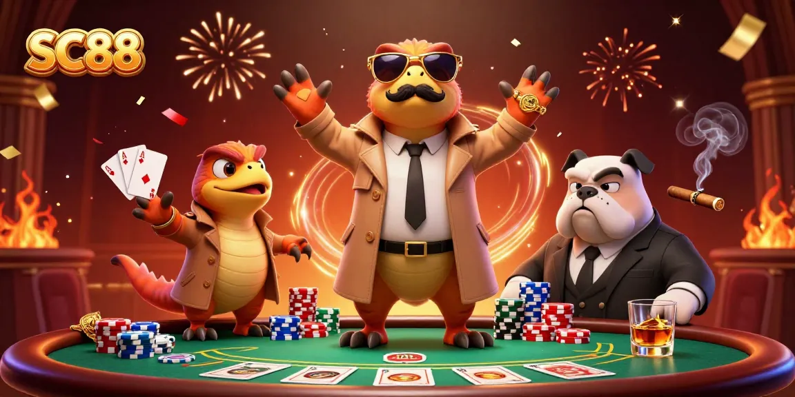 Join SC88's gaming excitement with three raptors cleverly scheming at a high-stakes poker table.