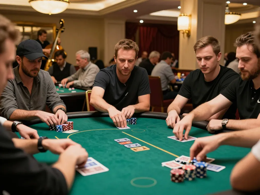 Players focusing on a high-stakes poker game in a lively casino, showcasing DW8 gaming excitement and strategy.