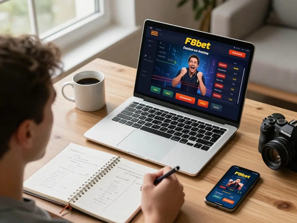 Engaged player using F8bet app on a laptop while managing bets at home.