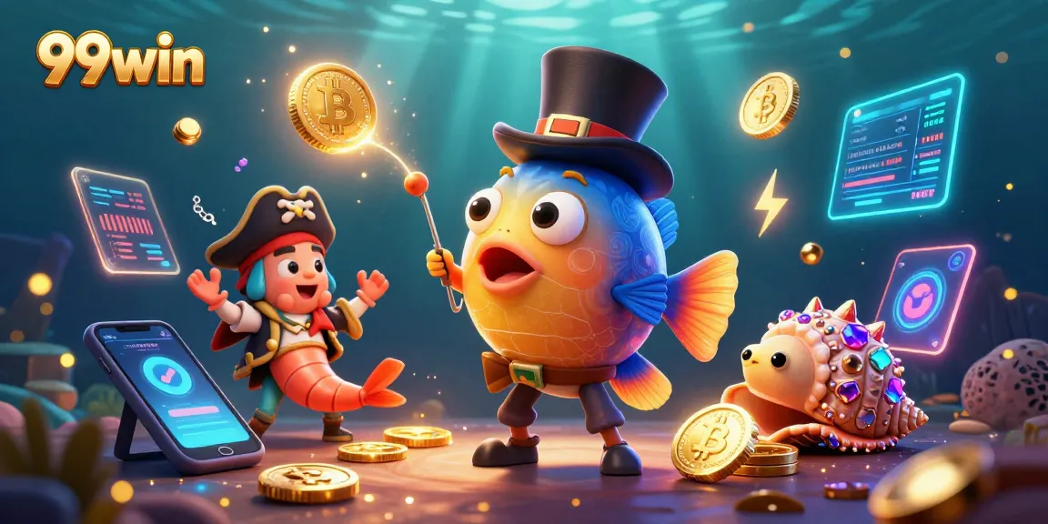 Engage with 99win's casino magic, featuring an anglerfish attracting golden coins with vibrant marine elements.