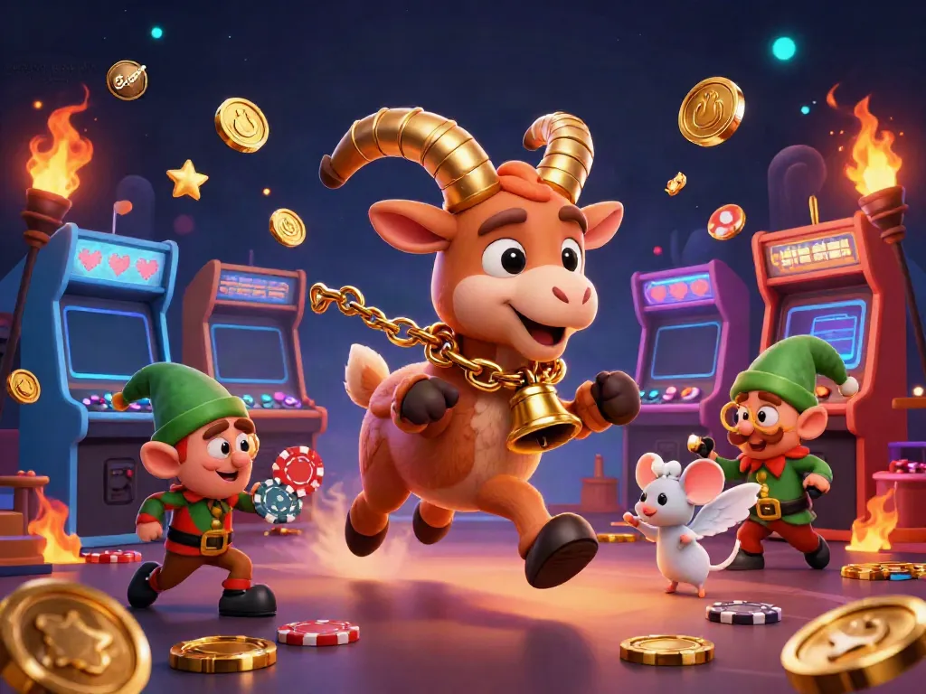 Engaging scene portraying a Krampus goat and angel mouse in a festive casino setting, showcasing trang chủ nhà cái uy tín with colorful gaming elements.