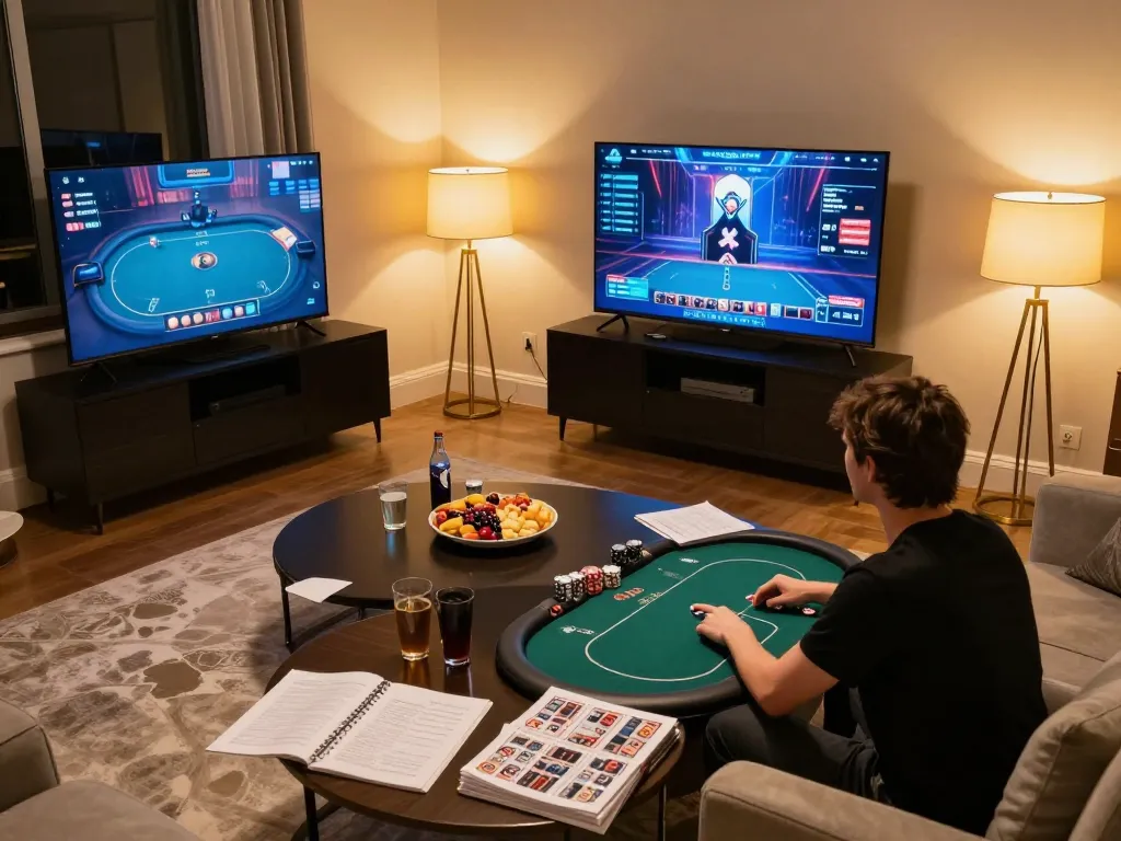 Playing online poker on vip66 at a cozy home gaming setup with snacks and strategy notes