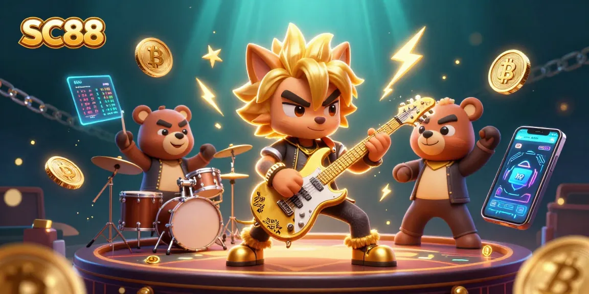 Engage with SC88 in a vibrant casino scene featuring a rock star wolf and a drummer bear.
