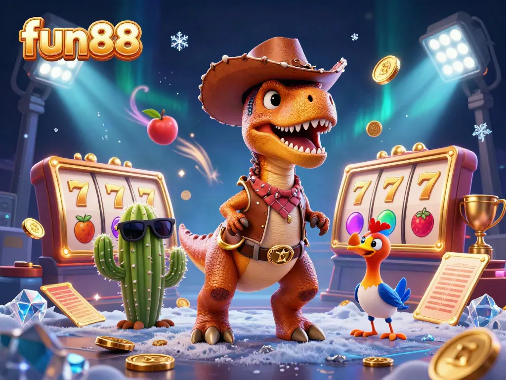 Experience gambling excitement with fun88 in a dynamic casino scene featuring vibrant T-Rex and playful characters.