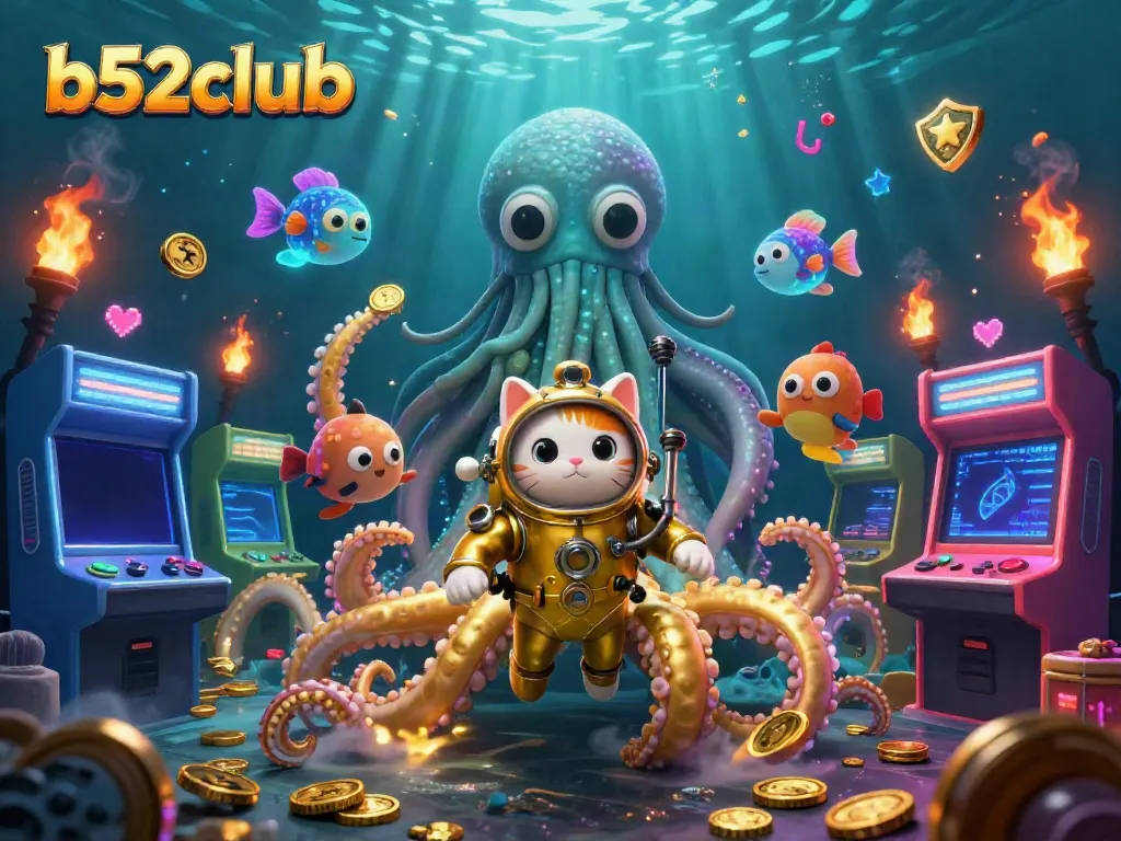 Engage in thrilling gameplay with b52club, where a majestic kraken and diving cat explore vibrant underwater treasures.
