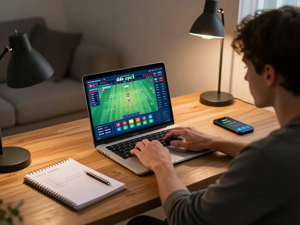 Engaged gamer analyzing video đá gà cpc1 on laptop with strategic notes beside.