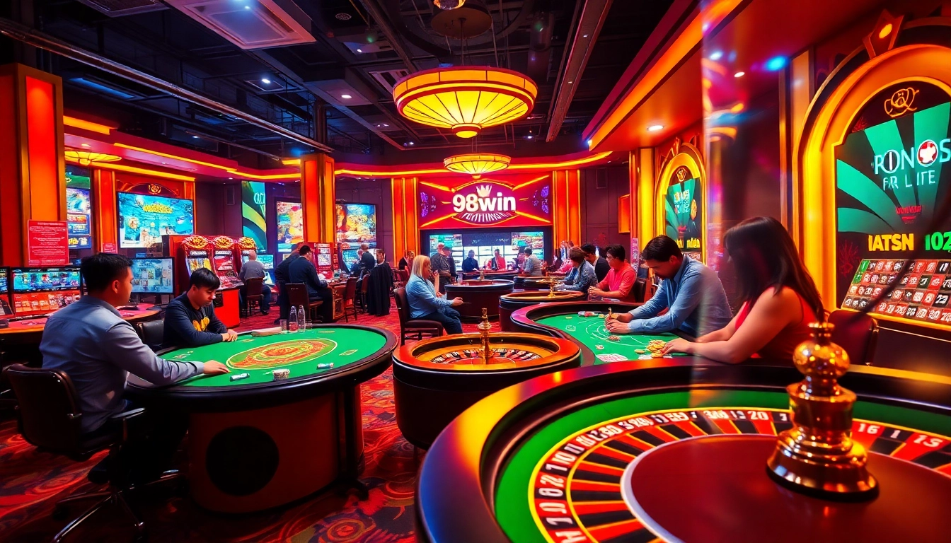 Engaging scene of players at 98win casino, showcasing excitement and luxury.