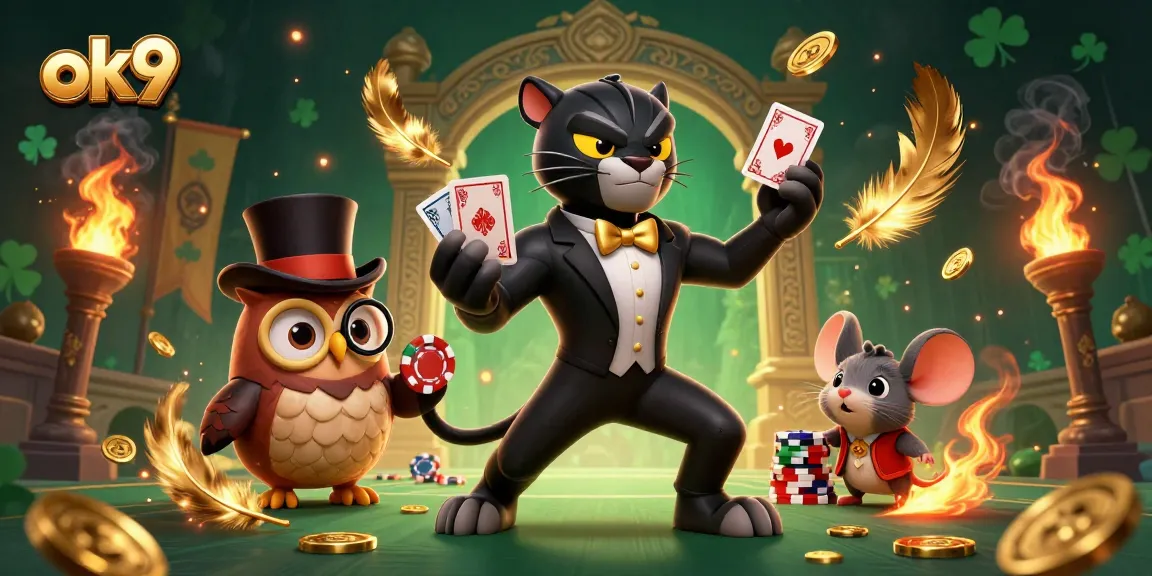 Experience the excitement of ok9 casino with stylish characters dealing cards, poker chips, and dynamic elements.