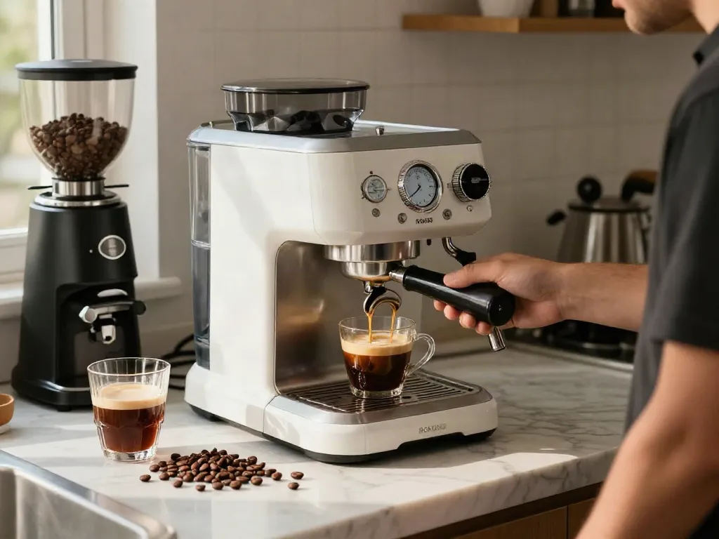 Expert barista brewing rich espresso with ROKOK88 machine in modern kitchen.