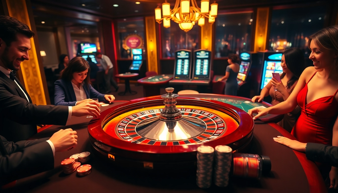 Experience the thrill of CM88 trang chủ with an exciting casino scene showcasing roulette, cards, and players.