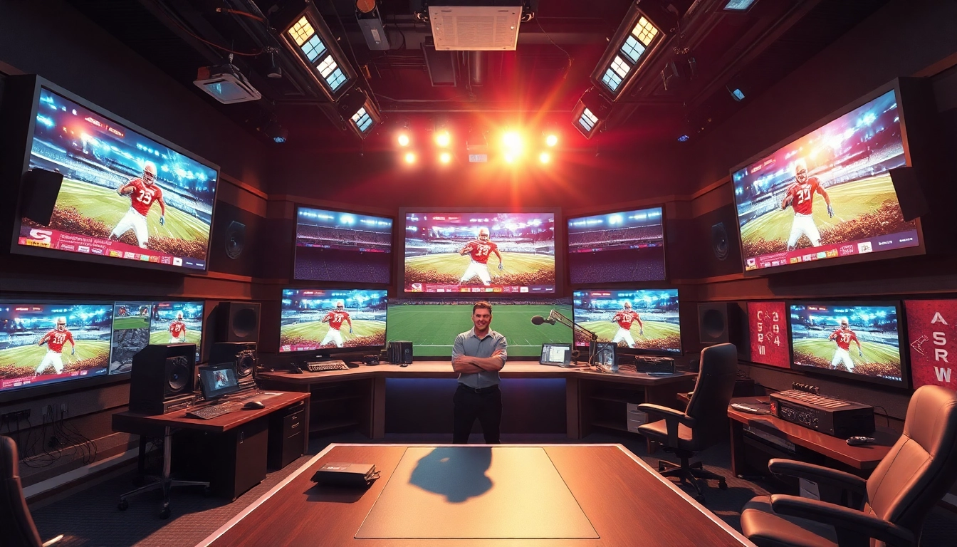 Engaging scene of sports broadcasting with hosts delivering live updates in a high-tech studio.
