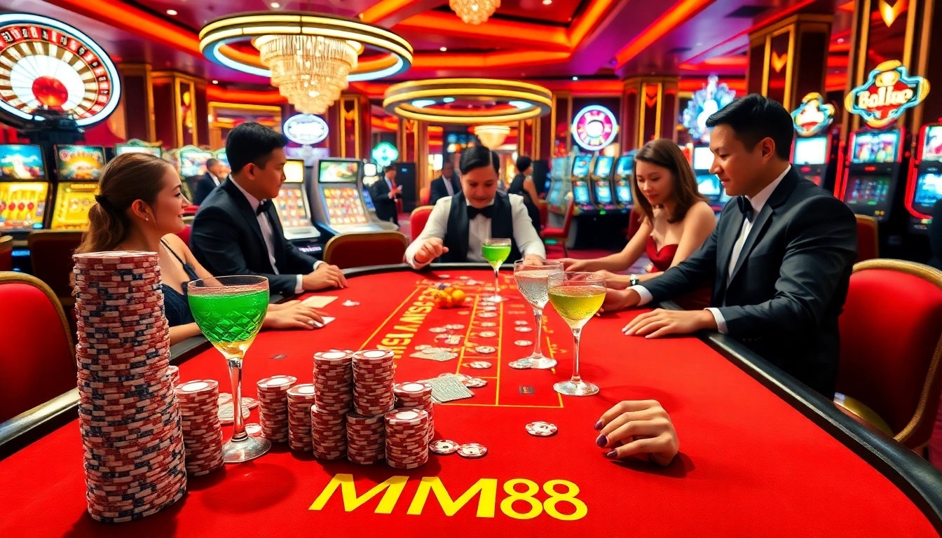 Players enjoying the MM88 blackjack table with colorful chips and cocktails at an upscale casino.