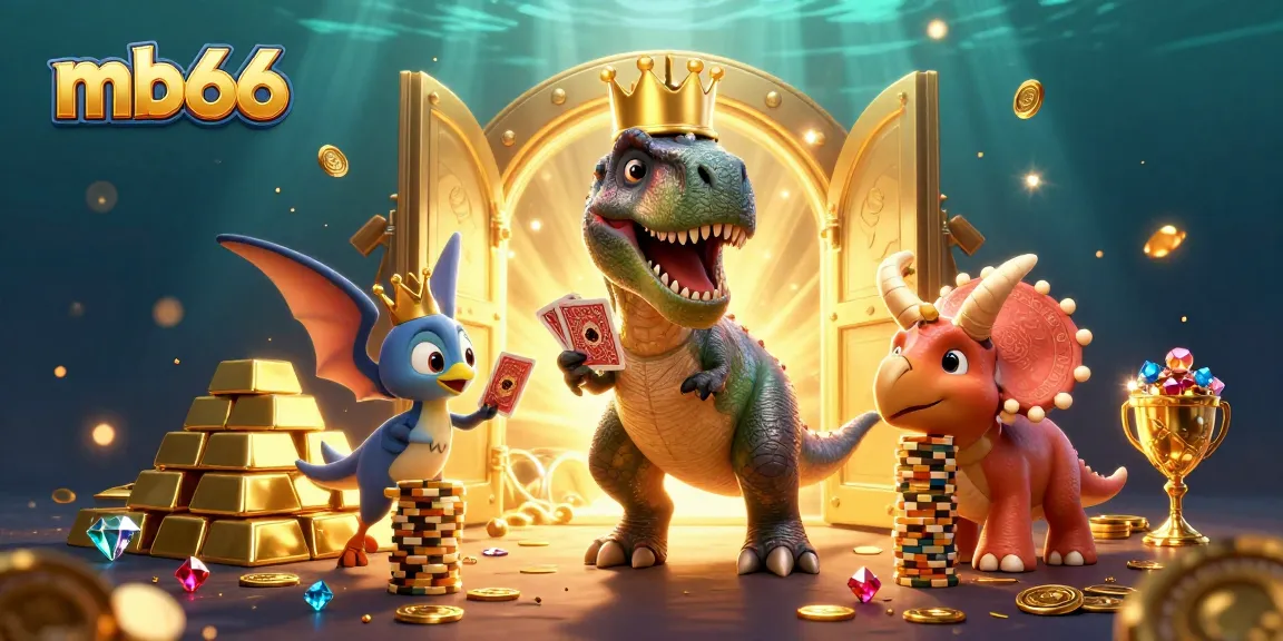 mb66 showcases a colorful 3D cartoon scene with a T-Rex shuffling cards and friends counting chips, illustrating a vibrant casino atmosphere.