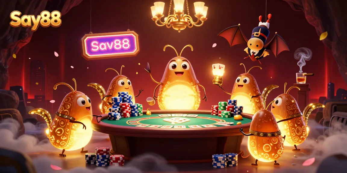 Engage in thrilling gaming at Say88, illuminated by glowworms and a bat dealer at a vibrant poker table.