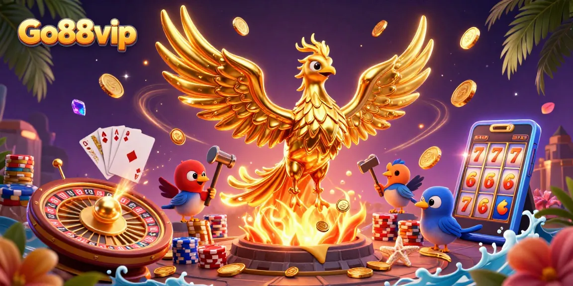 Win big at Go88 vip with golden phoenix and cascading treasures in a vibrant casino illustration.