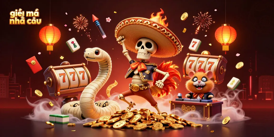 Experience the winning fun at giải mã nhà cái with vibrant 3D casino illustration showcasing festive characters and gold coins.