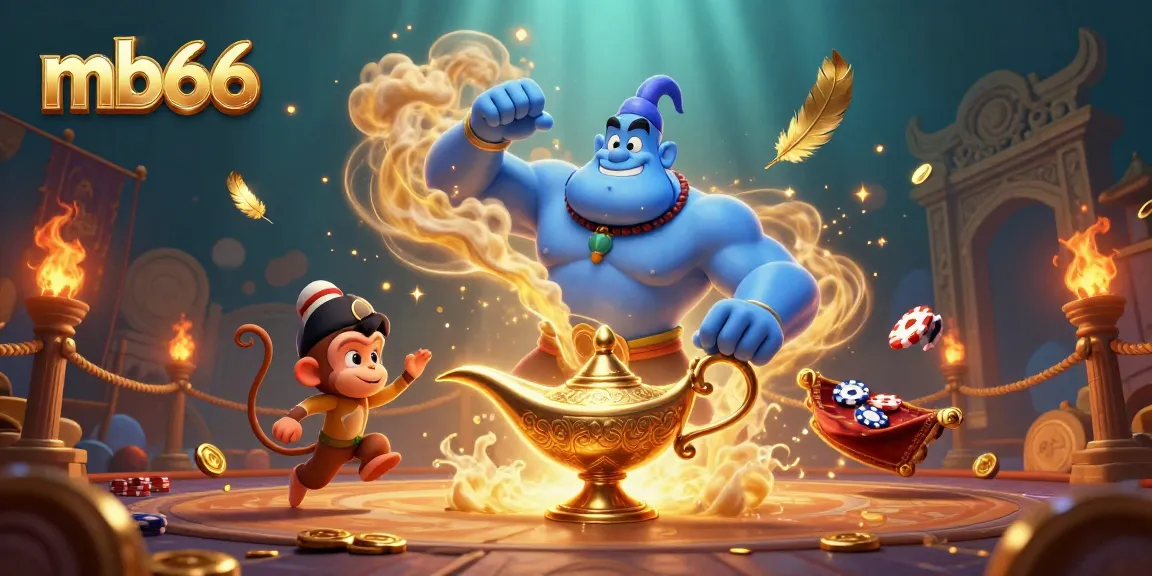 Engage with mb66's thrilling world of casino adventures featuring a muscular genie and poker chips.